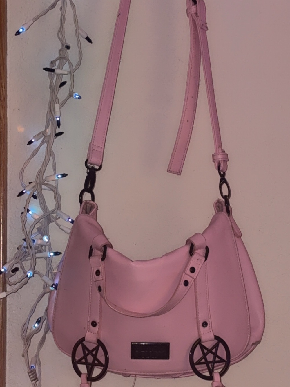 Black craft pentagram Soft Pink Women’s Shoulder Bag with Decorative Rings